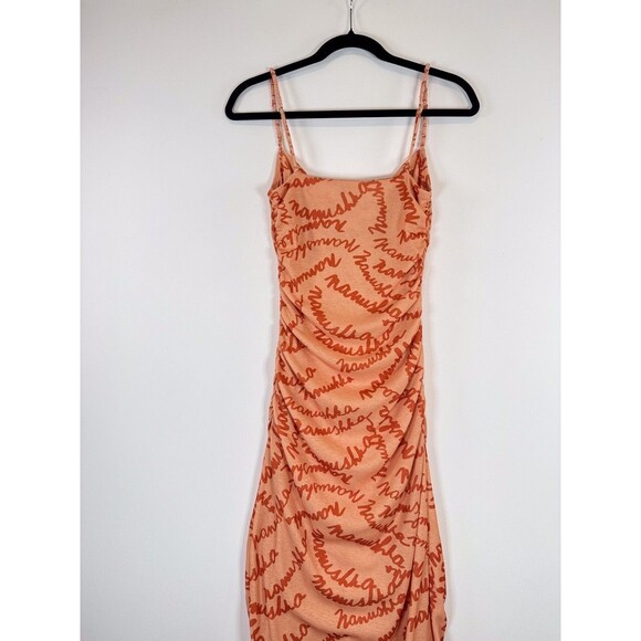 Nanushka Womens Dress Orange Alexa Scribble Logo Midi Bodycon Ruched Cami Small - Picture 9 of 12